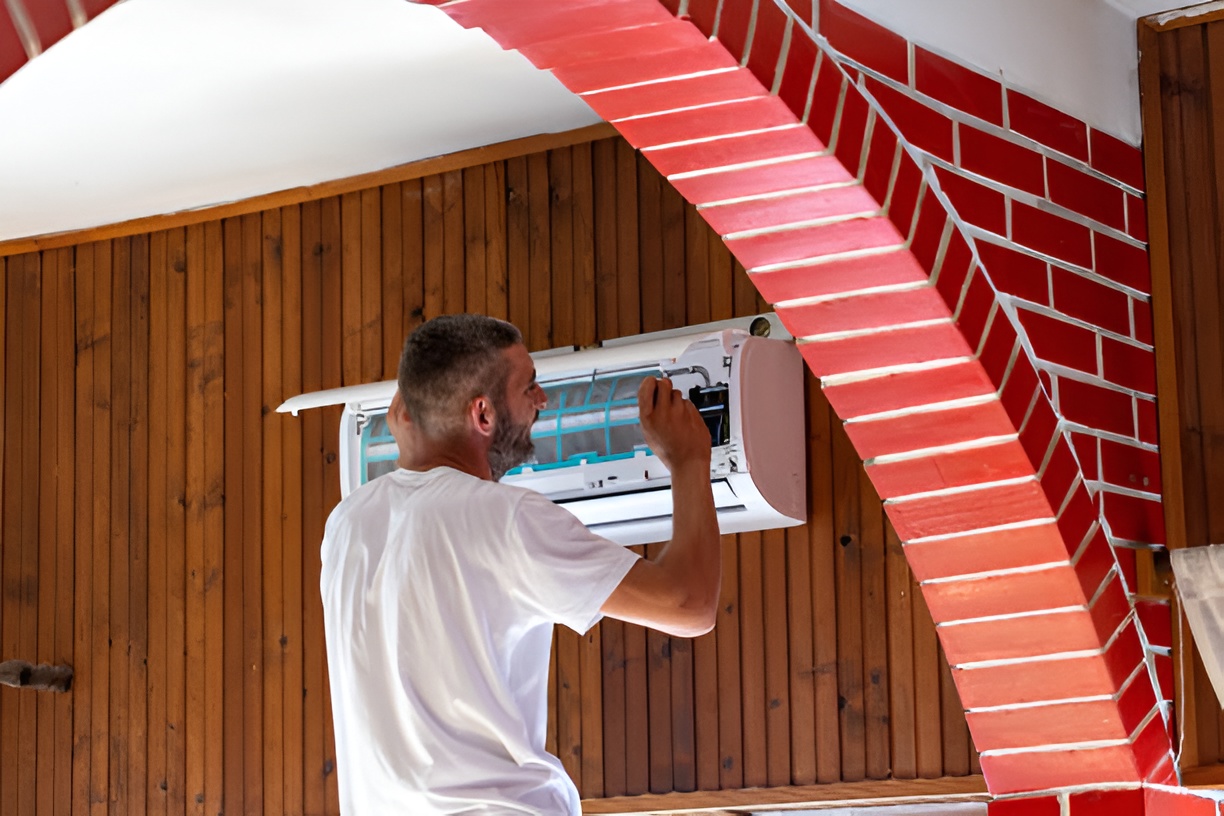 man opening an AC unit with a screwdriver